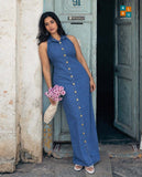 Halter Collar Button-Down Denim Maxi Dress