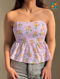 Floral Broderie Anglaise Strapless Peplum Tube Top
