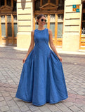 Sleeveless Drop-Waist Gathered Panel Denim Maxi Dress