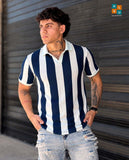 Vertical Block-Striped V-Neck Knit Polo
