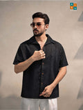 Textured Short-Sleeve Cuban Collar Button-Up Shirt