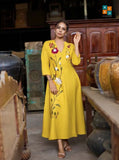 Yellow Floral Embroidered A-Line Maxi Dress
