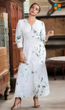 White Leaf-Print V-Neck Maxi Dress