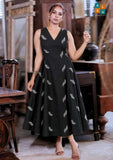Black Sleeveless Botanical Embroidered Flare Dress