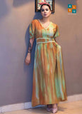 Earth-Tone Tie-Dye Midi Dress with Crochet Lace Trim