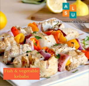 Fish and vegetables kebabs with bbq sauce (10 skewers)