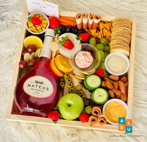 Charcuterie Platter with Rose Red Wine Bottle in Wooden Box